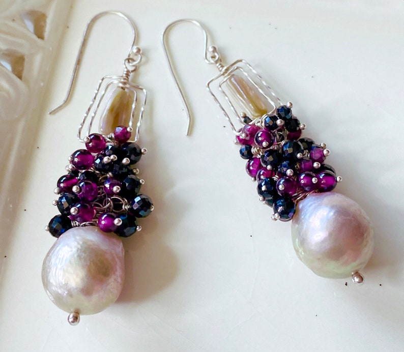 Crystal Rose Peach Pink Pearl Earrings, Shoulder Duster Garnet & Black Spinel Drop Earrings, January Birthday Gift for Her, Healing Jewelry image 3