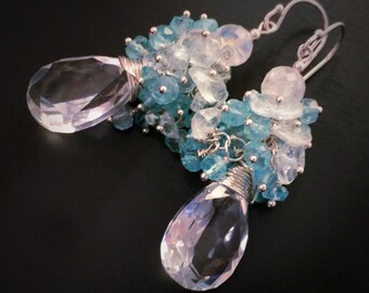 Rock Crystal Drop Earrings with Rainbow Moonstone & Apatite in Sterling Silver