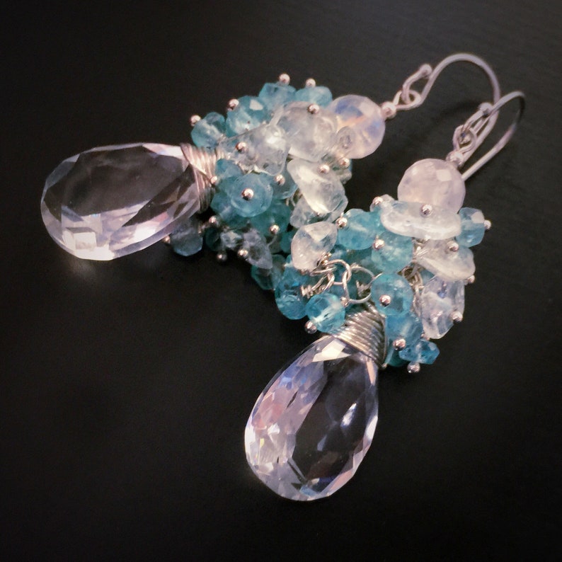 Healing Jewelry Apatite /& Aquamarine Rock Crystal Drop Earrings Rainbow Moonstone March Birthday Gift for Her Sterling Silver Earrings