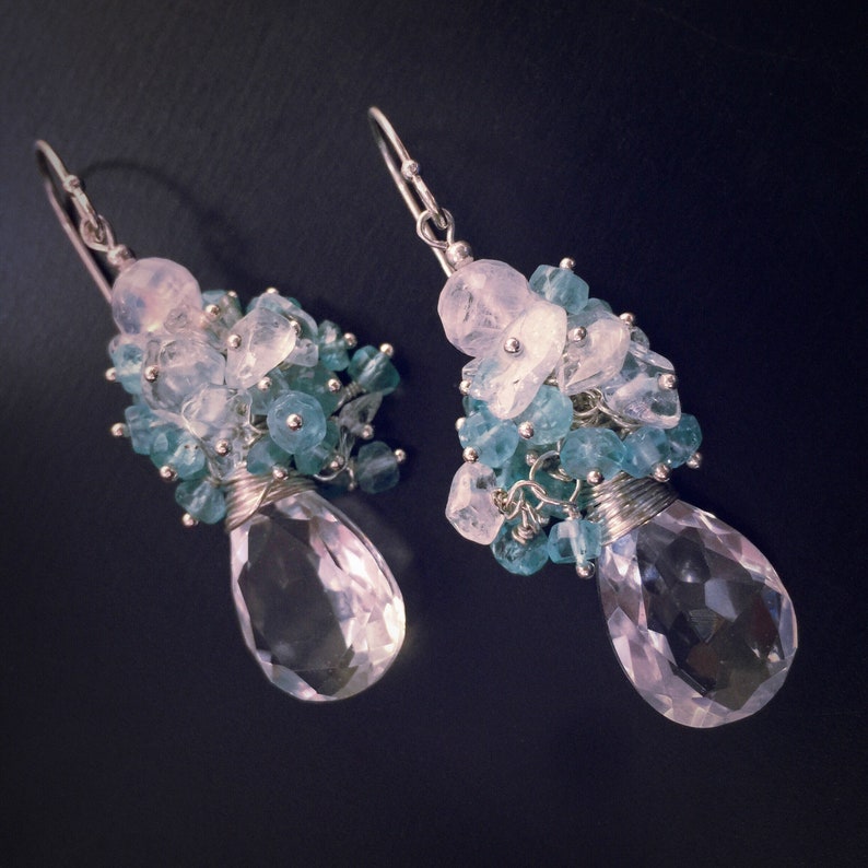 Healing Jewelry Apatite /& Aquamarine Rock Crystal Drop Earrings Rainbow Moonstone March Birthday Gift for Her Sterling Silver Earrings