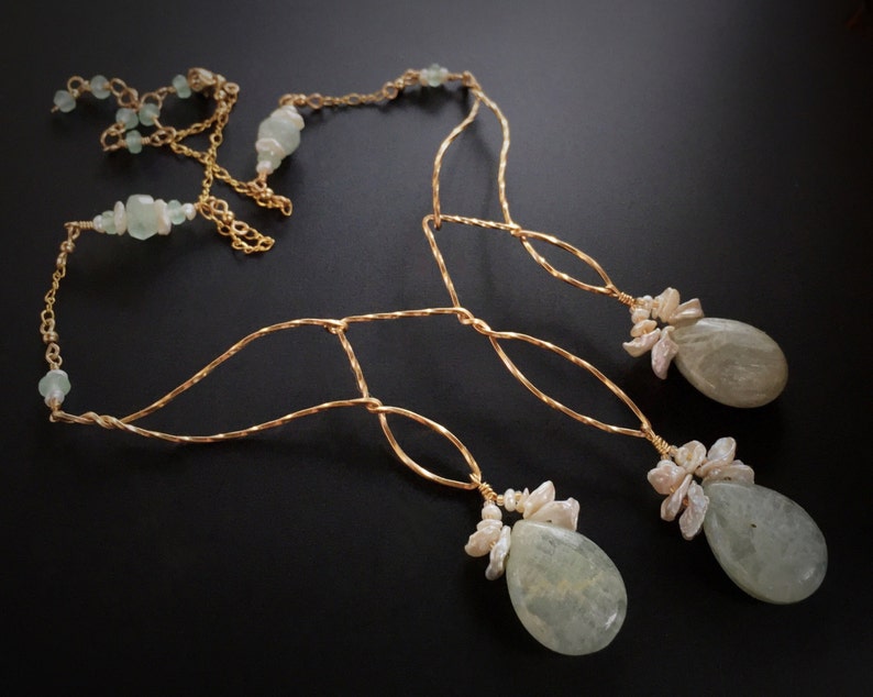 Green Kyanite Necklace with Keshi Pearls and Aquamarine in Gold Gift for Her June Birthstone Statement Necklace