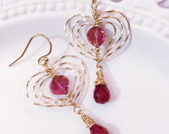 Pink Tourmaline Heart Earrings with Ruby Drops, Romantic Mother’s Day Gift for Her, Healing Jewelry, Valentine Gold Heart Earrings