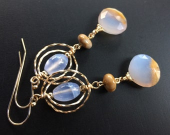Rare Natural Serenity Blue Chalcedony Gemstone Earrings in Gold with Banded Jasper
