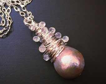 Blush Pink Baroque Pearl Lavaliere Necklace studded with Primrose Pink Morganite in Sterling Silver