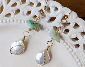 Bicolor Green Chrysoprase Earrings with Coin Pearl Drops in Gold