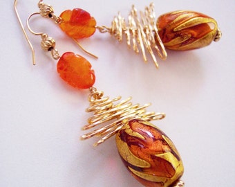 Hand Carved Carnelian Dangle Earrings, 24k Gold Leaf Glass Beads
