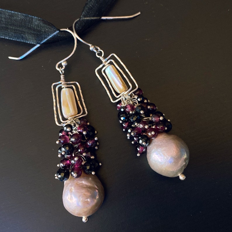Crystal Rose Peach Pink Pearl Earrings, Shoulder Duster Garnet & Black Spinel Drop Earrings, January Birthday Gift for Her, Healing Jewelry image 5