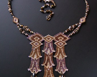 Art Deco Silver Necklace with Smoky Quartz, Seed Bead Jewelry