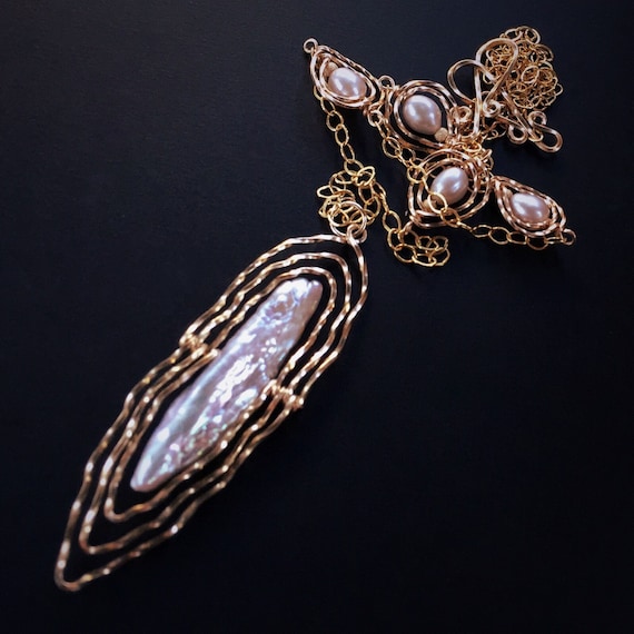 Warrior Woman Gold Spear Blush Pearl Necklace
