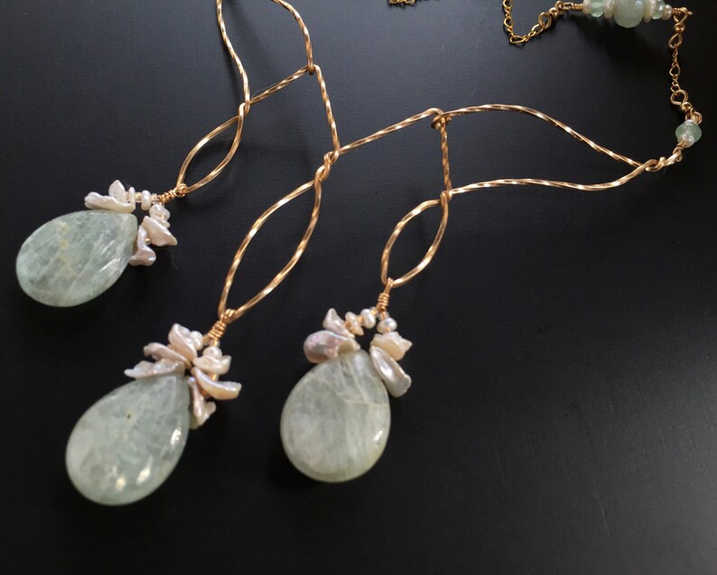 Green Kyanite Necklace with Keshi Pearls and Aquamarine in Gold Gift for Her June Birthstone Statement Necklace