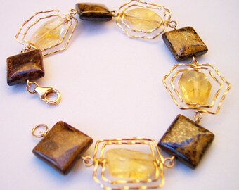 Yellow Gold Spiral Citrine & Bronzite Bracelet, Root Chakra Healing Gemstone Jewelry