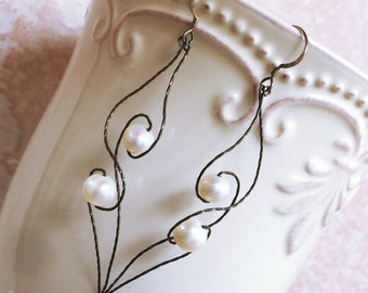 Art Deco Pearl Earrings, Blackened Sterling Silver Spiral Dangle