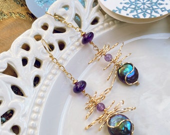 Coin Pearl Earrings with Amethyst Swarovski Crystals, Amethyst Gold Earrings, February Birthstone Gift for Her, Stocking Stuffer