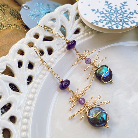 Coin Pearl Earrings with Amethyst Swarovski Crystals, Amethyst Gold Earrings, February Birthstone Gift for Her, Stocking Stuffer