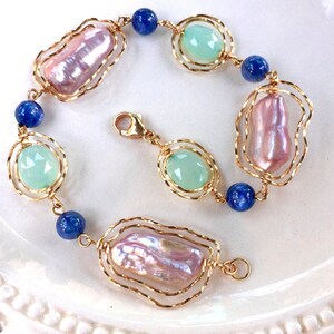Primrose Pink Pearl Bracelet, Green Chalcedony Bracelet with Blue Kyanite Birthday Gift for Her, Healing Jewelry, Heart and Throat Chakras
