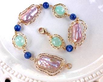 Primrose Pink Pearl Bracelet with Green Chalcedony & Blue Kyanite Healing Jewelry