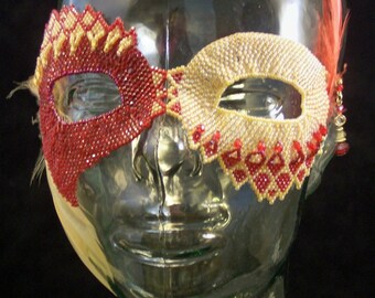 Banana Split Wearable Mardi Gras Mask with Upcycled Vintage Feathers & Cherry Fire Polished Crystals; Hand Woven Seed Beads