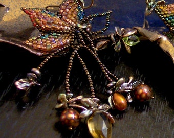 Autumn Leaf Earrings with Peridot, Quartz, Keshi Pearls, Handwoven Seed Bead Jewelry