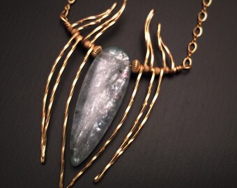 Blue Kyanite Spear Necklace, Gold Spear Necklace, Warrior Woman Gift for Her, Though she be but little she is fierce, Throat Chakra Necklace
