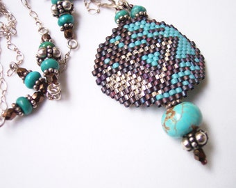 Turquoise Medallion Gay Pride Necklace, LGBTQ Sterling Silver Seed Bead Jewelry