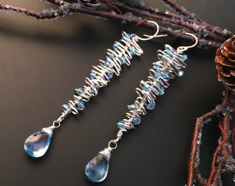 Sterling Silver Icicle Earrings, Stocking Stuffer Holiday Jewelry Christmas Gift for Her Sky Blue Topaz Shoulder Duster Earrings, Swarovski