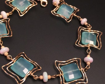 Mint Green Chalcedony Bracelet, Australian Opal Gold Bracelet, Wavy Cool Art Deco Bracelet,  Birthday, Gift for Her