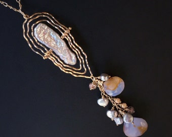 Serenity Blue Chalcedony Tassel Necklace in Gold Filled with Pearls