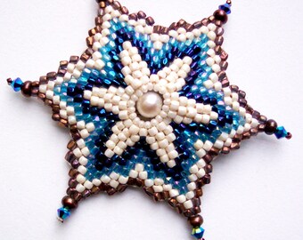 Blue Snowflake Pearl Brooch, Seed Bead Jewelry