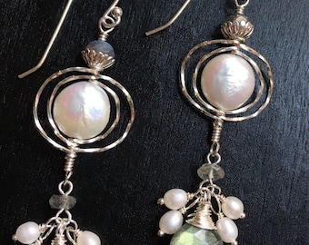 Sterling Silver Pearl Halo Earrings with Labradorite Gemstone Drops