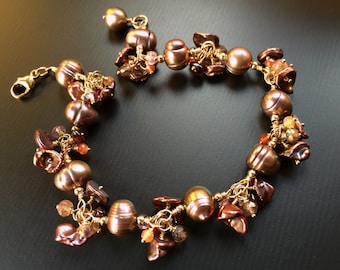 Coppery Pearl Bracelet, Amethyst Garnet Accent, 14k Gold Filled