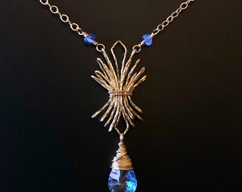 Blue Sapphire Gold Haystack Necklace with Tanzanite