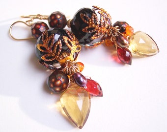 Garnet and Cognac Quartz Leaf Earrings with Pearls, Smoky Quartz