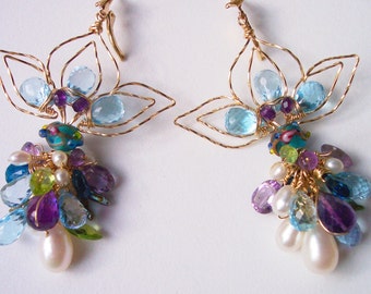 Sky Blue Topaz Flower Earrings in Gold, February Birthday Gift for Her, Amethyst, Pearl & Peridot, Fleur-de-Lis Chandelier Earrings, Healing