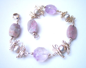 Pink Amethyst & Pearl Bracelet in Sterling Silver with Lepidolite, Crown Chakra Healing Jewelry