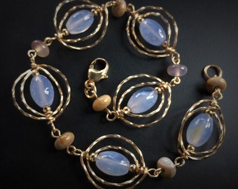 Blue Chalcedony Bracelet, Gold Imperial Jasper, Modern Jewelry