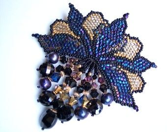 Midnight Magic Art Nouveau Brooch with Black Melanite Garnet Drops & 24K Gold Swarovski Crystal