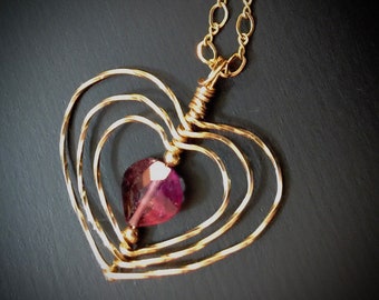 Pink Tourmaline Heart Necklace, Gold Heart Necklace, Romantic Mothers Day Gift for Her, Romantic Anniversary,  Rubellite Heart of Gold