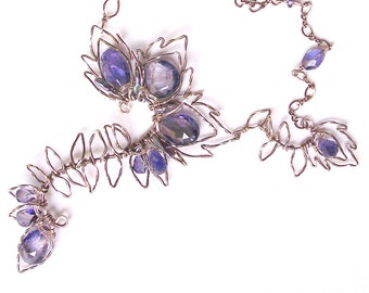 Art Nouveau Iolite Keshi Pearl Necklace, Sterling Silver Patina
