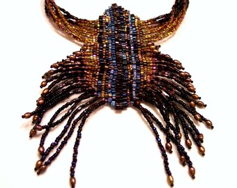 Wild Thing Scorpion Statement Necklace with Freshwater Pearls, Handwoven Seed Bead Jewelry, November Birthday