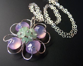 Pink Chalcedony Dogwood Flower Necklace in Sterling Silver with Green Aventurine, Healing Jewelry