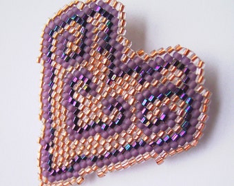 Hand Woven Copper & Purple Heart Brooch, Seed Bead Jewelry