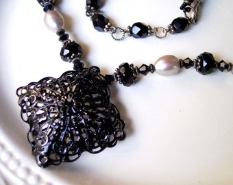Blush Pearl & Vintage Black Lace Medallion Necklace, Gothic Victorian Style