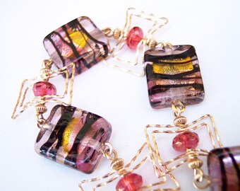Black and Gold Foil Lampwork Glass Tiger Stripe Bracelet, Crystal Bracelet, Tyger, Tyger, Burning Bright