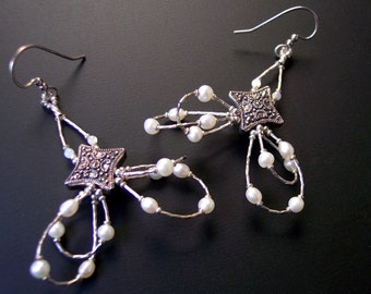 Delicate Art Deco Pearl Earrngs Sterling Silver with Marcasite Bridal Jewelry