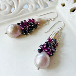 Crystal Rose Peach Pink Pearl Earrings, Shoulder Duster Garnet & Black Spinel Drop Earrings, January Birthday Gift for Her, Healing Jewelry image 4
