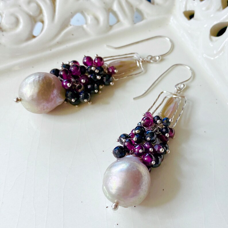 Crystal Rose Peach Pink Pearl Earrings, Shoulder Duster Garnet & Black Spinel Drop Earrings, January Birthday Gift for Her, Healing Jewelry image 4