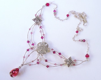 Renaissance Sterling Silver Necklace, Magenta Glass, Swarovski Crystals
