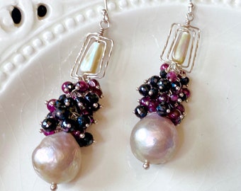 Crystal Rose Peach Pink Pearl Earrings, Shoulder Duster Garnet & Black Spinel Drop Earrings, January Birthday Gift for Her, Healing Jewelry