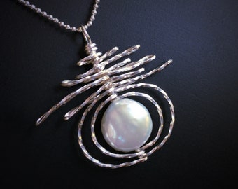 White Coin Pearl Sterling Silver Necklace, Art Nouveau Halo Pendant