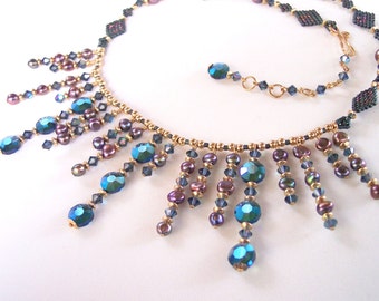Art Deco Style Diadem Necklace with Vintage Blue Swarovski Hex Crystals and Orchid Pearls
